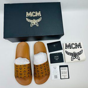 MCM Cognac Visetos Monogram Logo Print Slides Sandals Women's Size 9 US 39 EU